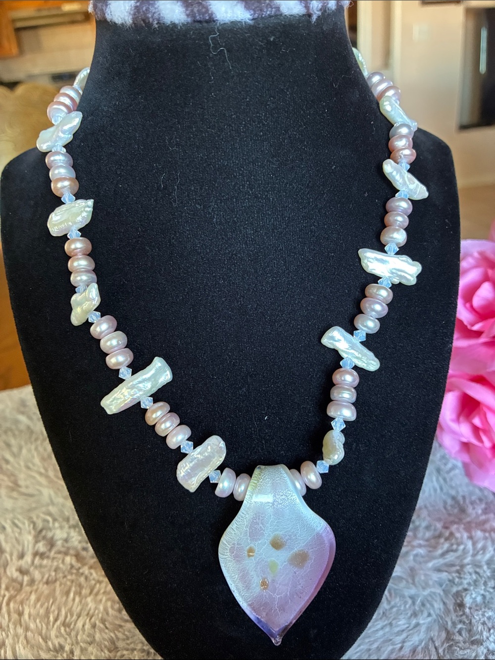 Handcrafted Pink Pearl and Iridescent Glass Pendant Necklace